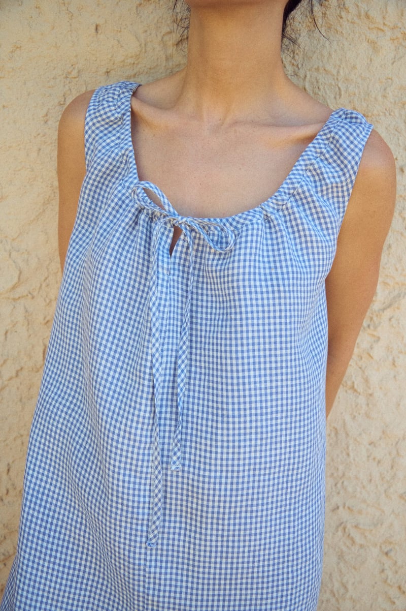 Gingham Mini Dress with Drawstring Neck – Toma by LinenFox, 100% Linen