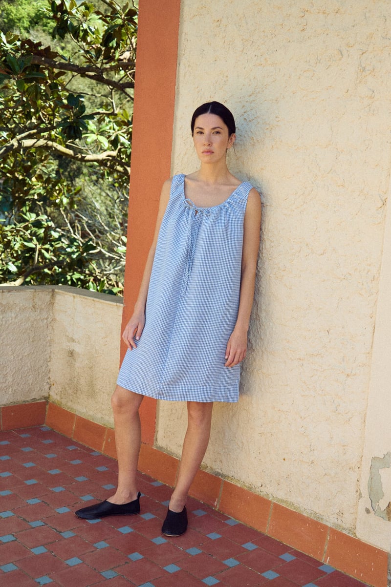 Gingham Mini Dress with Drawstring Neck – Toma by LinenFox, 100% Linen