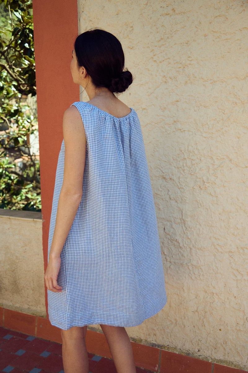 Gingham Mini Dress with Drawstring Neck – Toma by LinenFox, 100% Linen