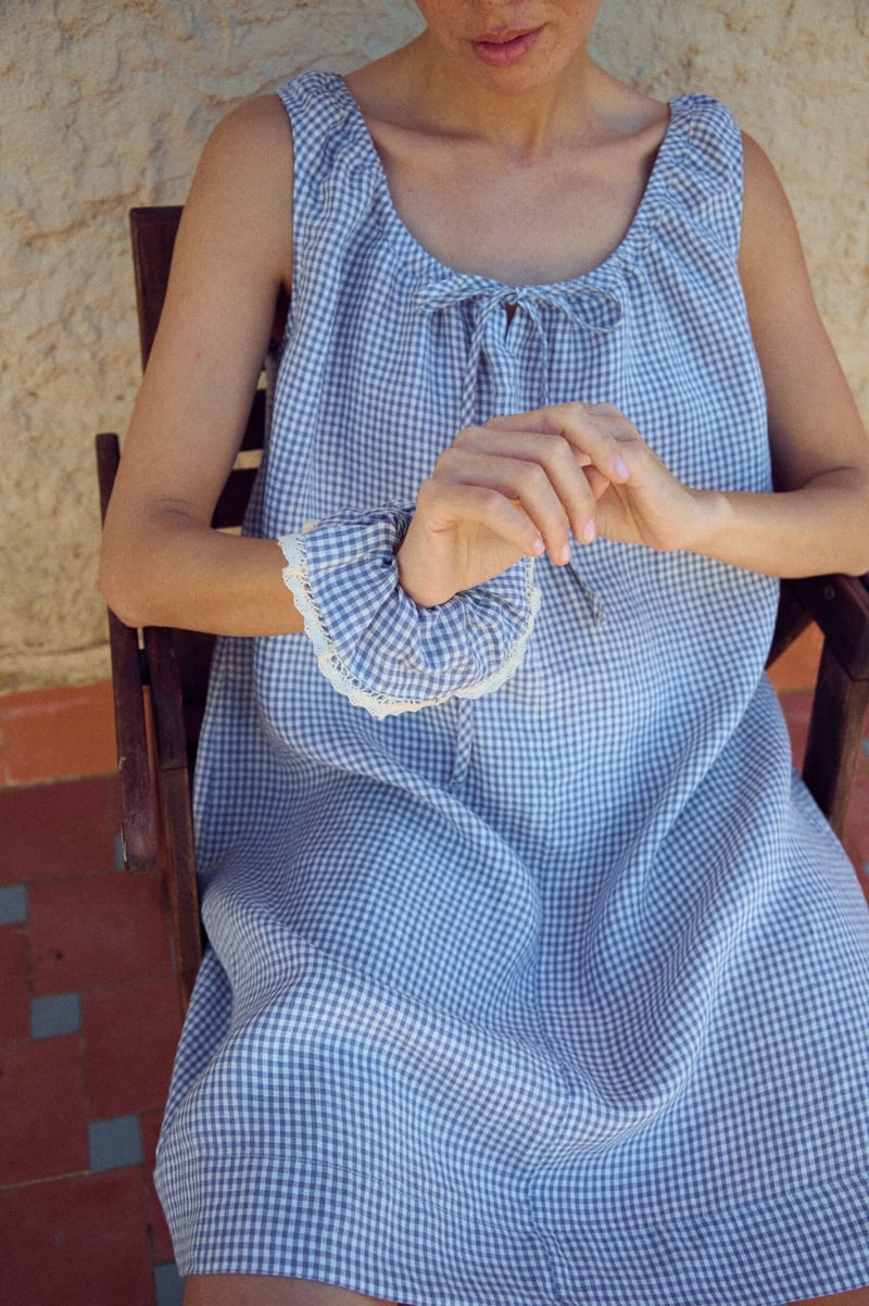 Gingham Mini Dress with Drawstring Neck – Toma by LinenFox, 100% Linen