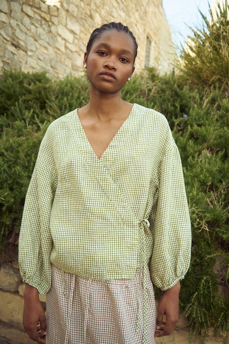 Wrap Gingham Blouse with Tie Waist – Isabel by LinenFox, 100% Linen