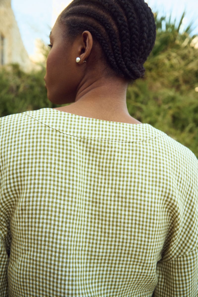 Wrap Gingham Blouse with Tie Waist – Isabel by LinenFox, 100% Linen