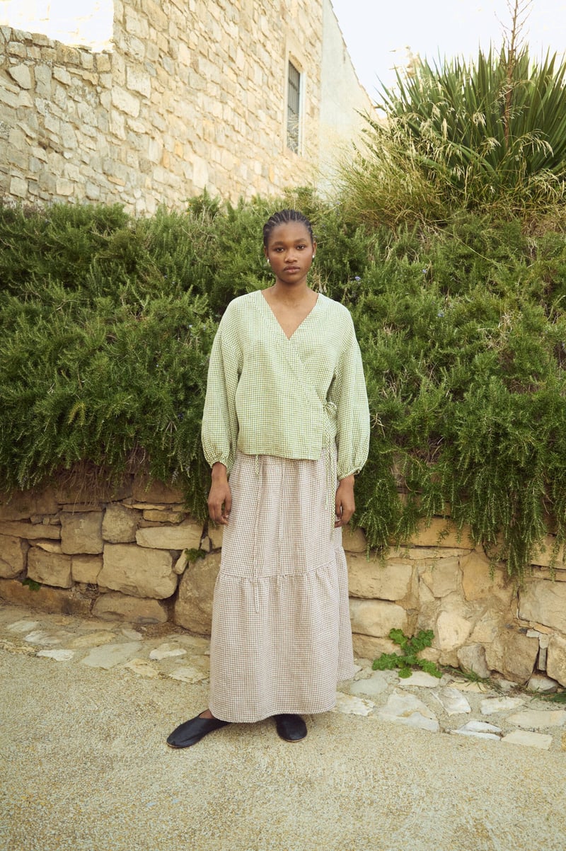 Wrap Gingham Blouse with Tie Waist – Isabel by LinenFox, 100% Linen