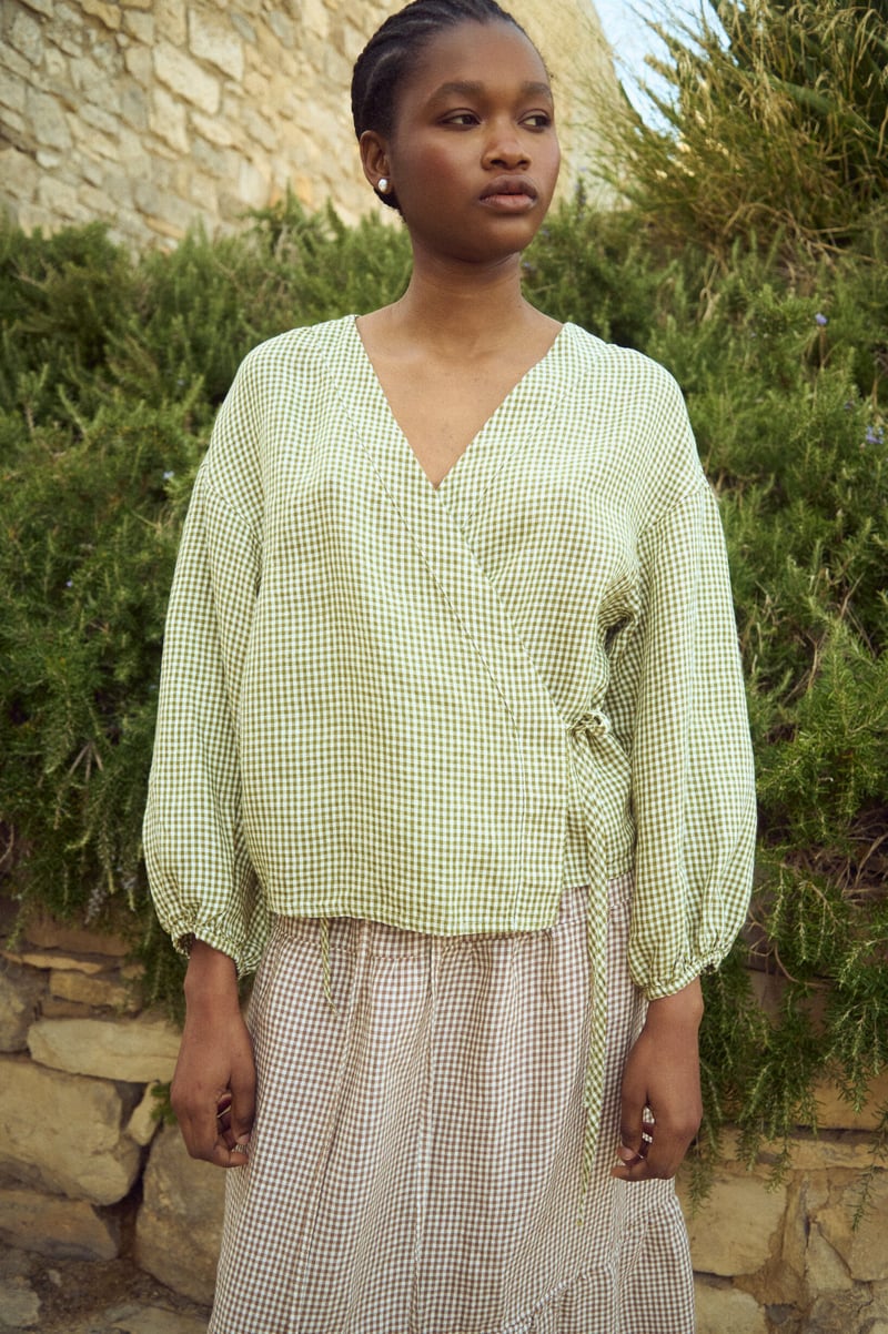 Wrap Gingham Blouse with Tie Waist – Isabel by LinenFox, 100% Linen