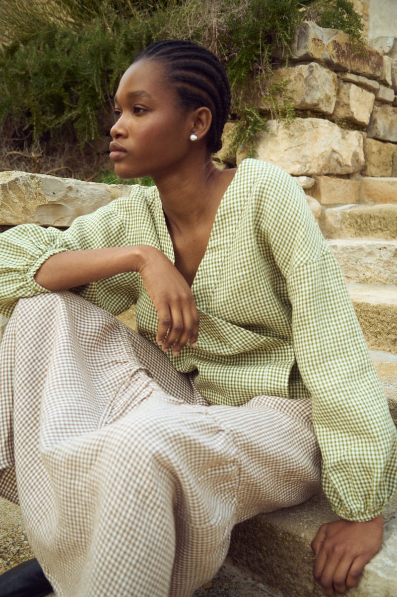 Wrap Gingham Blouse with Tie Waist – Isabel by LinenFox, 100% Linen