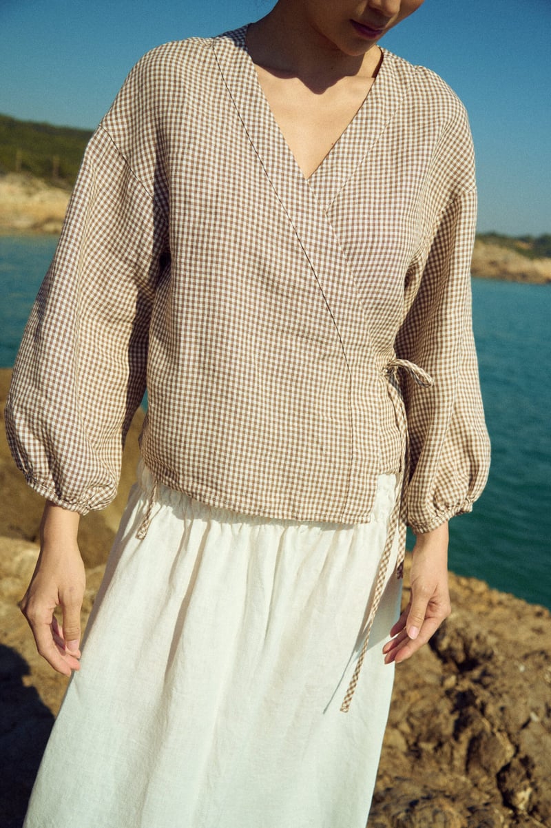 Wrap Gingham Blouse with Tie Waist – Isabel by LinenFox, 100% Linen