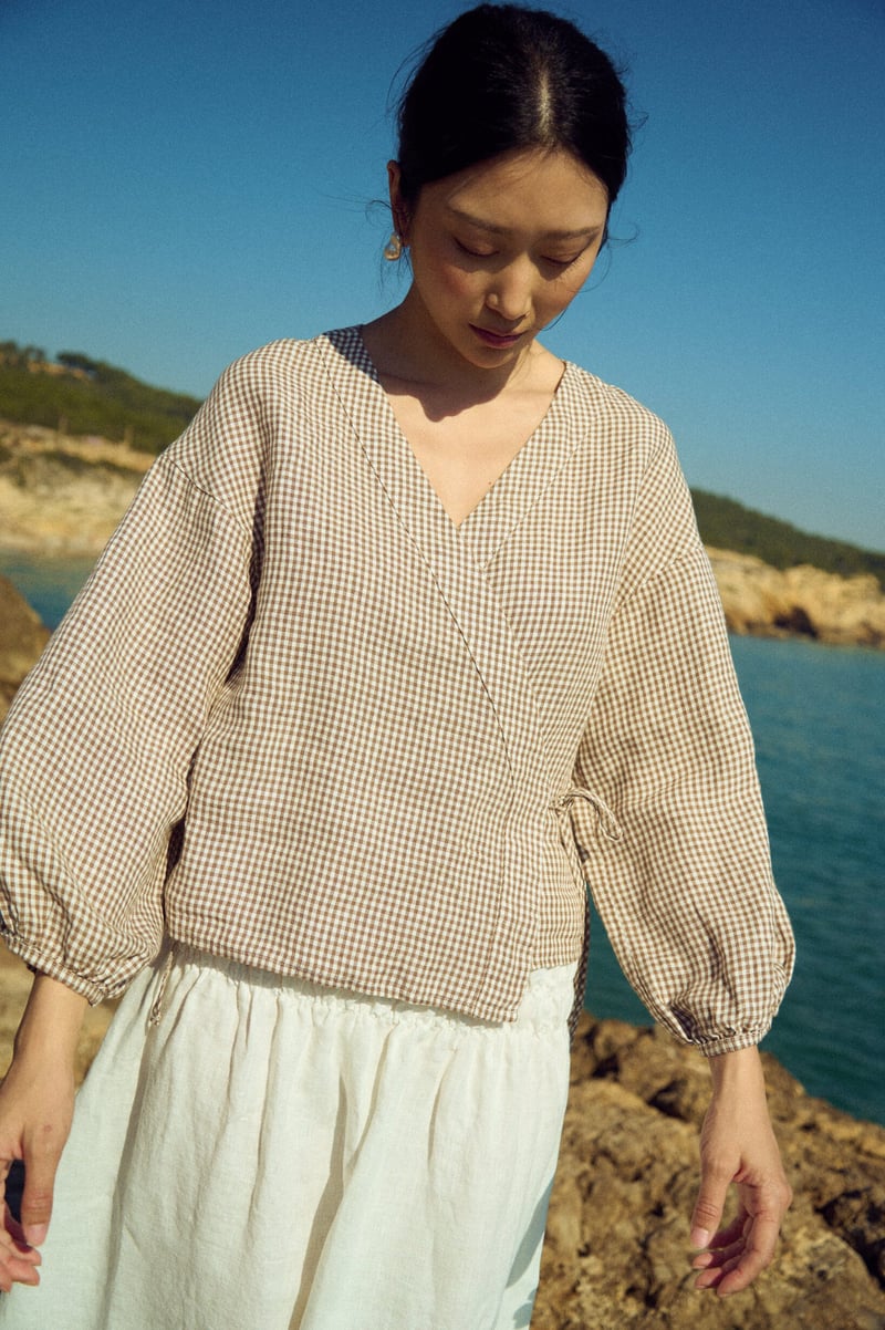Wrap Gingham Blouse with Tie Waist – Isabel by LinenFox, 100% Linen