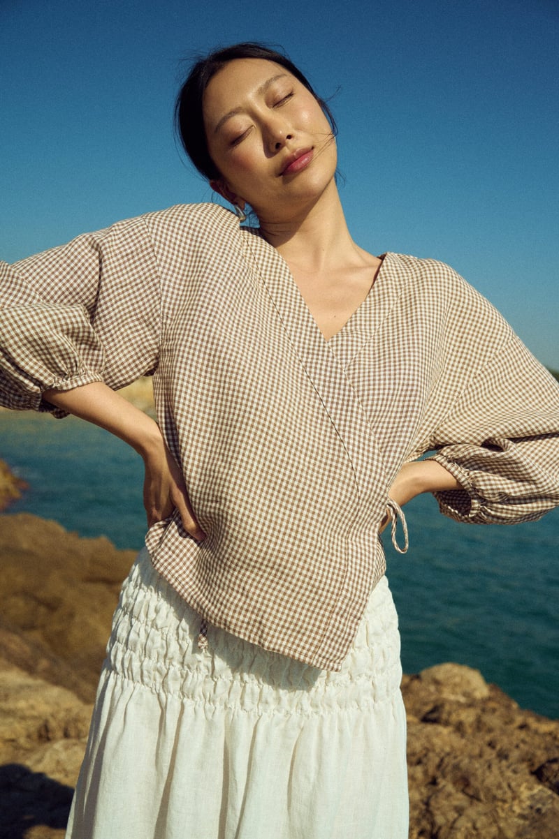 Wrap Gingham Blouse with Tie Waist – Isabel by LinenFox, 100% Linen