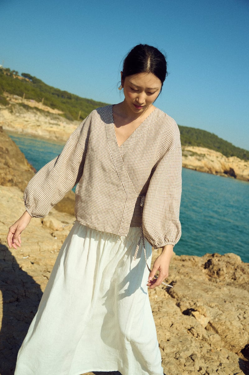 Wrap Gingham Blouse with Tie Waist – Isabel by LinenFox, 100% Linen