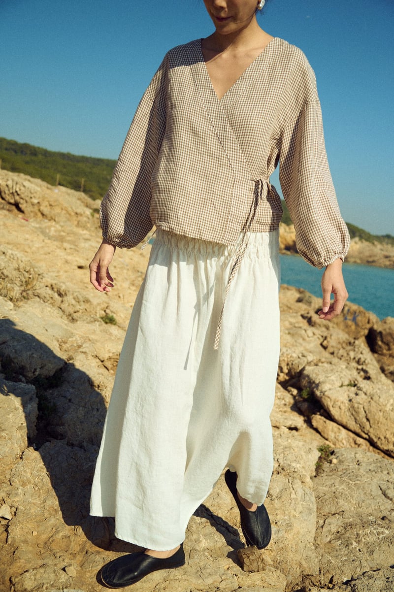 Wrap Gingham Blouse with Tie Waist – Isabel by LinenFox, 100% Linen