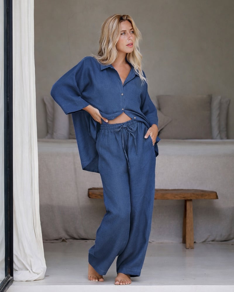 Linen pajama set AVEIRA in Deep Navy Blue by MagicLinen, 100% Linen