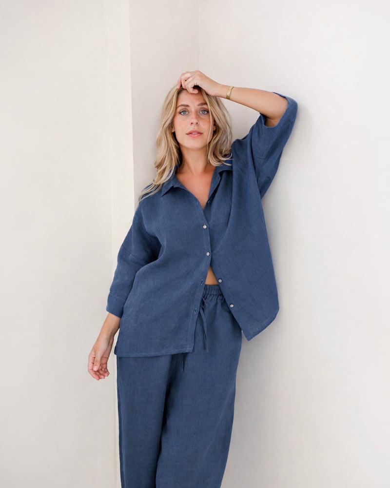 Linen pajama set AVEIRA in Deep Navy Blue by MagicLinen, 100% Linen