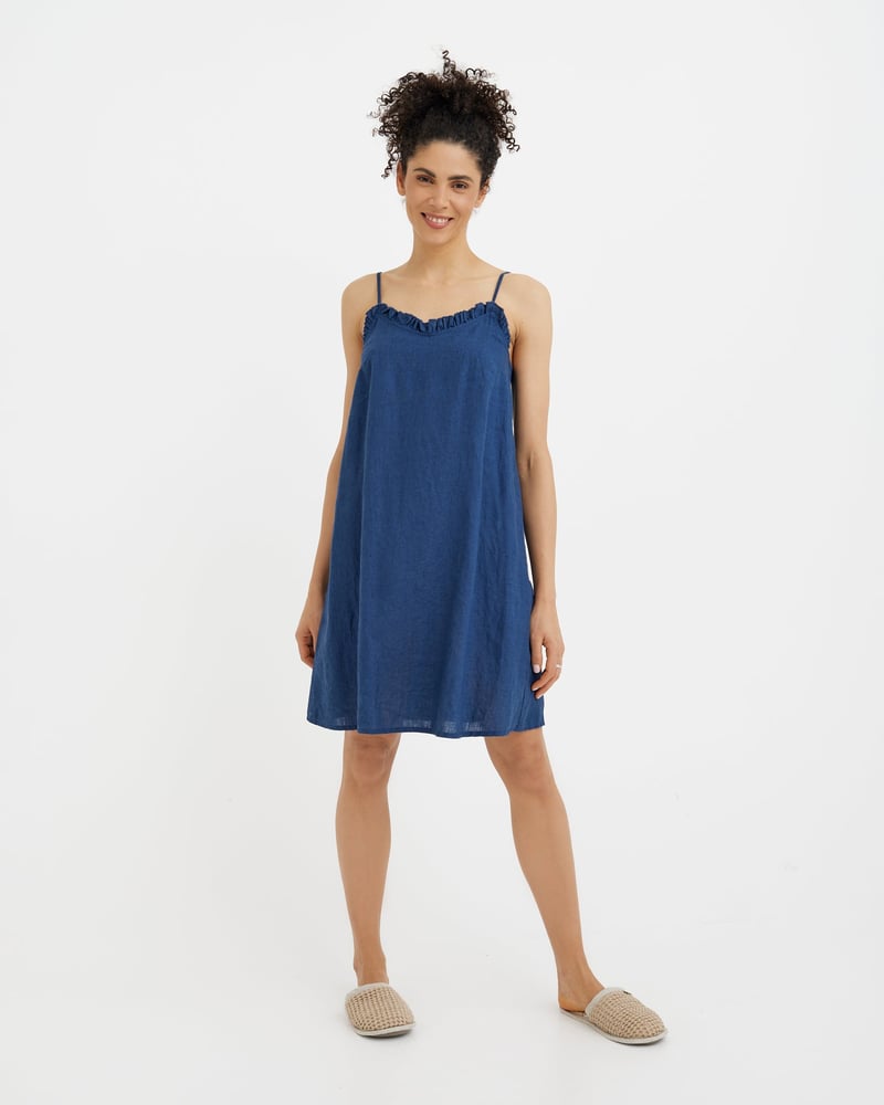 Linen pajama dress HARBOUR in Deep navy blue by MagicLinen, 100% Linen