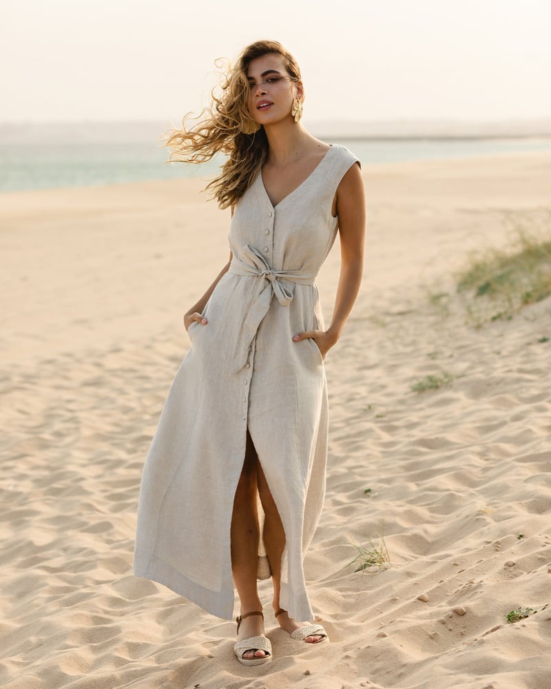 Sleeveless Linen Dress ACADIA in Natural melange by MagicLinen, 100% Linen