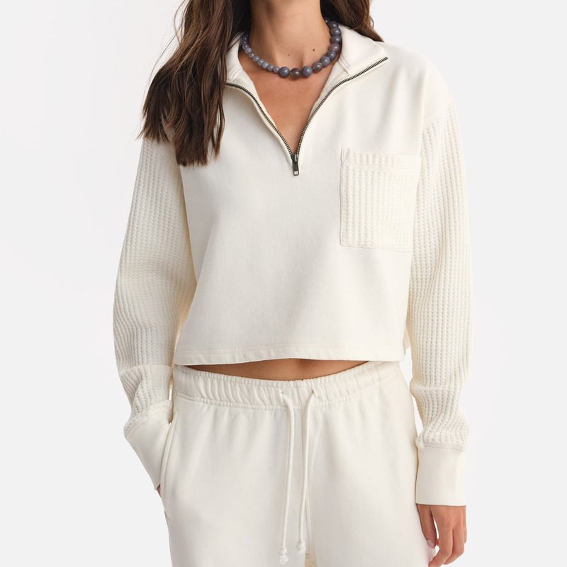 Organic Fleece and Waffle Cropped Half-Zip Sweatshirt by MATE the Label, 100% Cotton