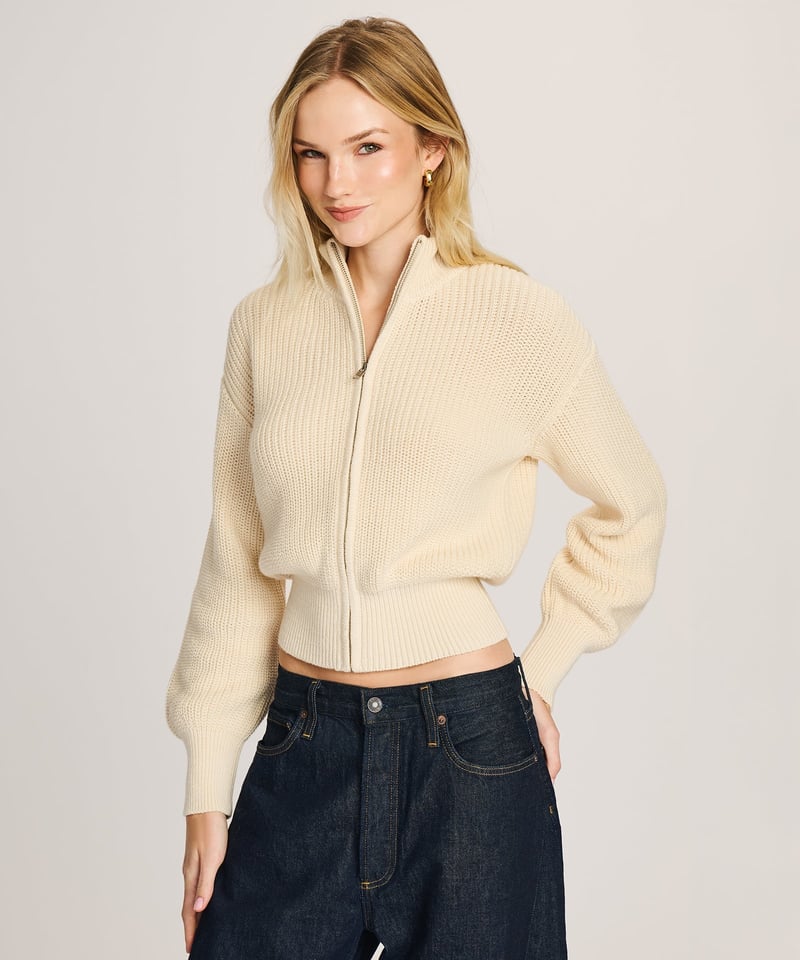 Cotton Fisherman Cinched Waist Zip Up Sweater by NAADAM, 100% Cotton