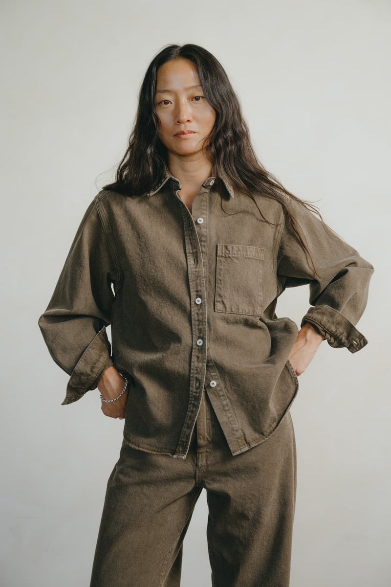 Denim Marcie Shirt, Recycled Denim, Vintage Brown by OZMA, 100% Cotton