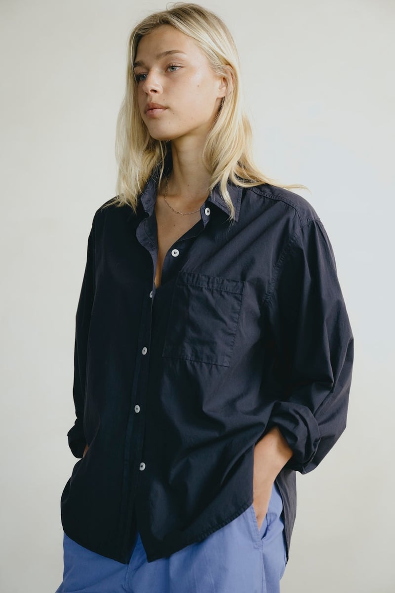 Marcie Shirt, Organic Poplin, Navy by OZMA, 100% Cotton