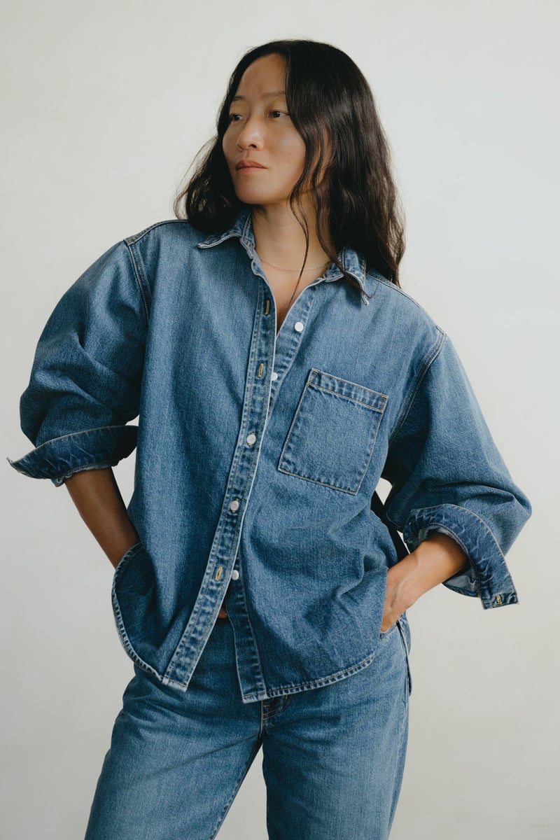 Denim Marcie Shirt, Tencel Denim, Worn by OZMA, 83% Cotton, 17% Lyocell