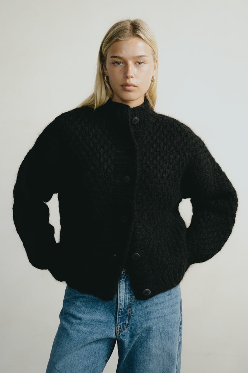 Bell Hand Knit Cardigan, Alpaca Blend, Black by OZMA, 89% Alpaca, 11% Nylon