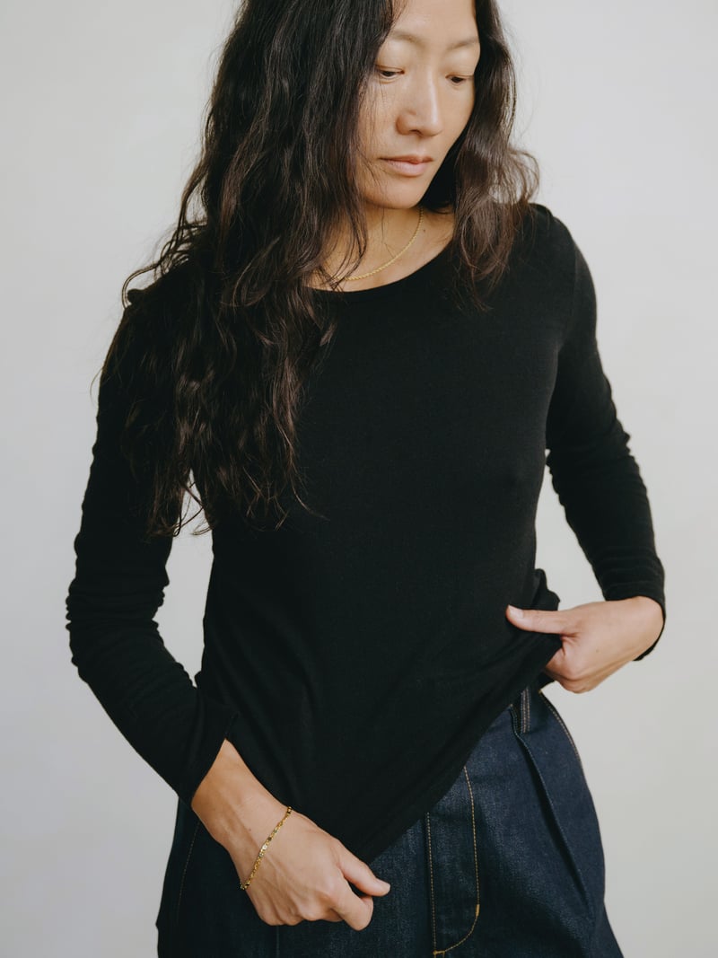 Classic Long Sleeve, Regen Silk Noil Jersey, Black by OZMA, 100% Silk