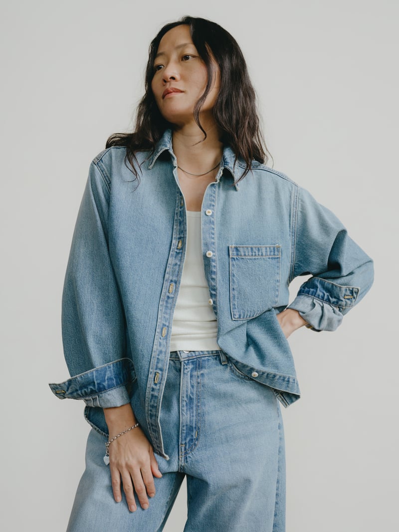 Denim Marcie Shirt, Tencel Denim, Light Wash by OZMA, 83% Cotton, 17% Lyocell