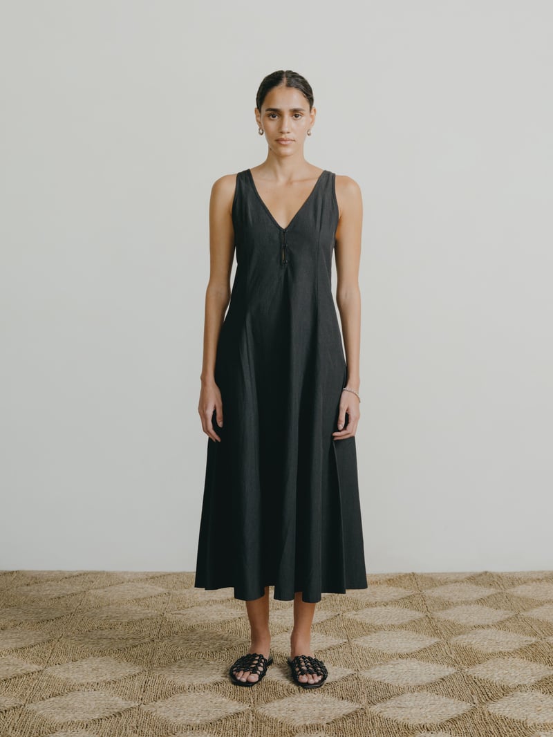 Maritza Dress, Textured Organic Poplin, Soft Black by OZMA, 100% Cotton