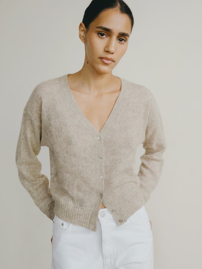 Perla Cardi, Sheer Alpaca Blend, Oatmeal by OZMA, 60% Alpaca, 35% Nylon, 5% Wool