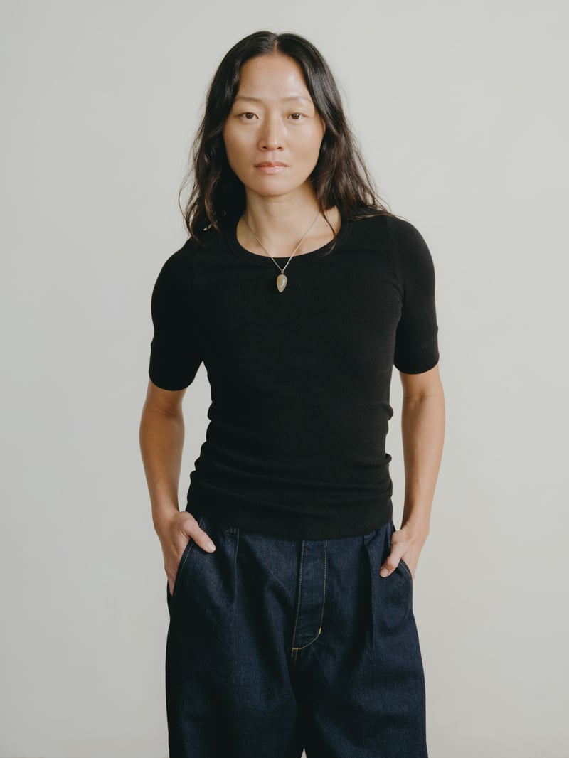 Rib Tee, Ribbed Silk Noil Jersey, Black by OZMA, 97% Silk, 3% Elastane